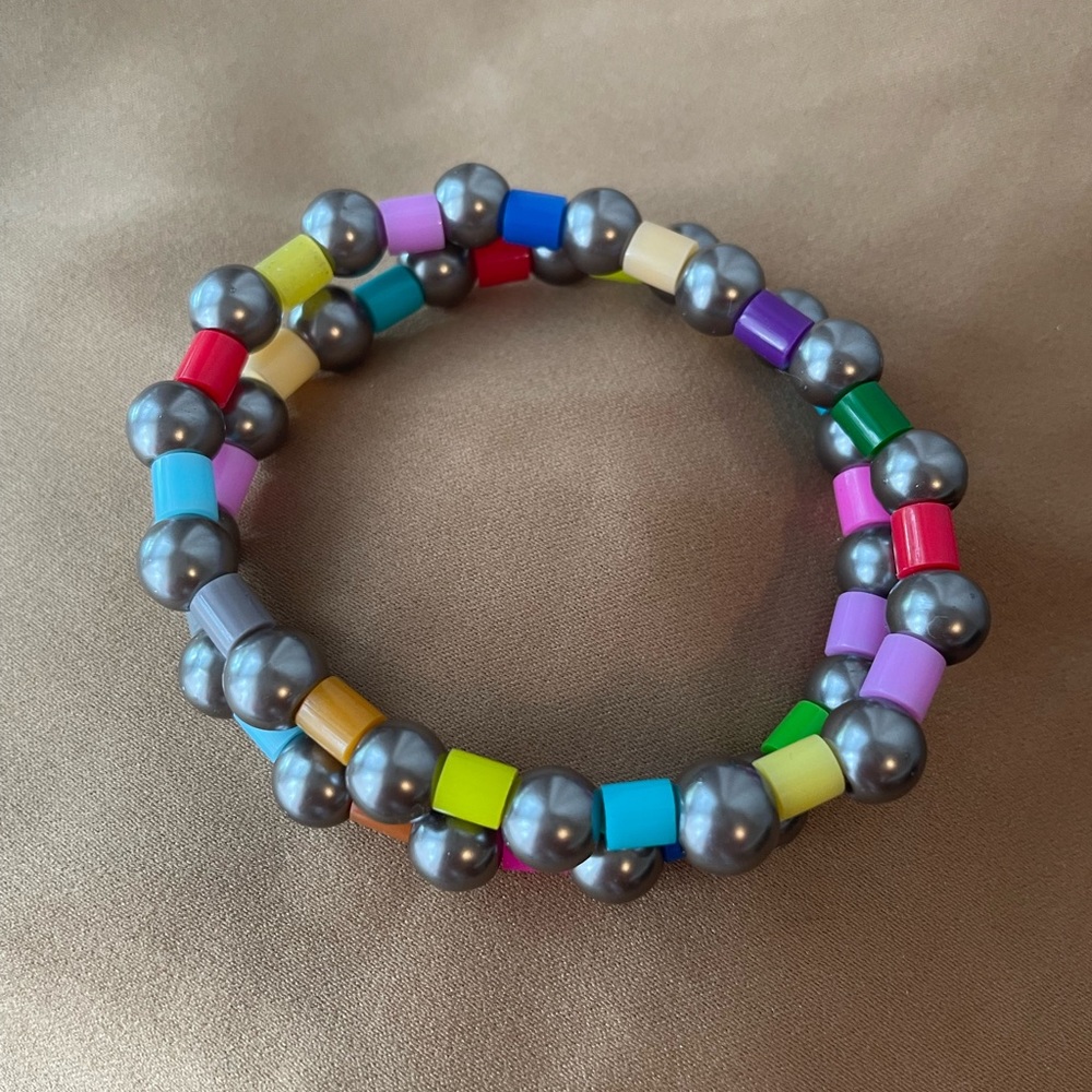 2 Charcoal Glass Faux Pearl Colorful Beaded Bracelet